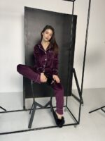 Жіночий домашній велюровий костюм BO.Brand, піжама на ґудзиках та штани баклажан
