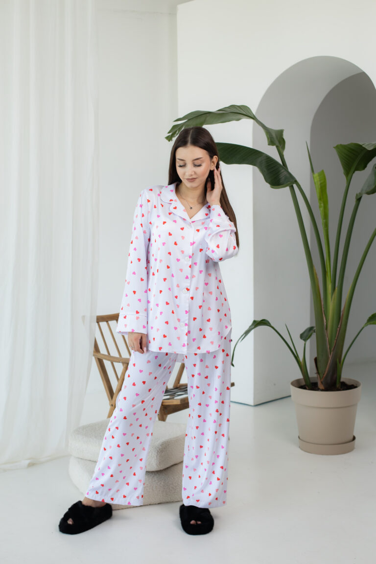 Жіноча піжама BO.Brand 2 в 1, сорочка та штани, білий в сердечка