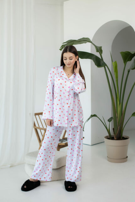 Жіноча піжама BO.Brand 2 в 1, сорочка та штани, білий в сердечка