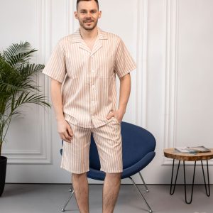 Чоловіча піжама двійка BO.Brand, сорочка та шорти, смужка бежева