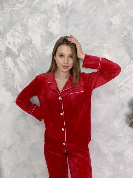 Жіноча піжама BO.Brand сорочка і штани із велюру червона