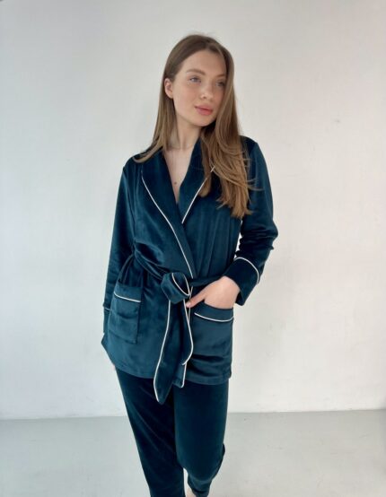 Жіноча піжама BO.Brand халат з карманами та штани смарагд