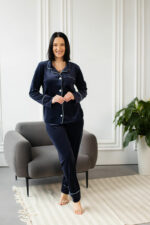 Жіноча велюрова піжама BO.Brand на ґудзиках та штани, колір синій