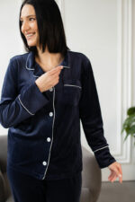 Жіноча велюрова піжама BO.Brand на ґудзиках та штани, синій