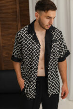 Піжама чоловіча шовкова BO.Brand чорний колір з білим - Зображення 3