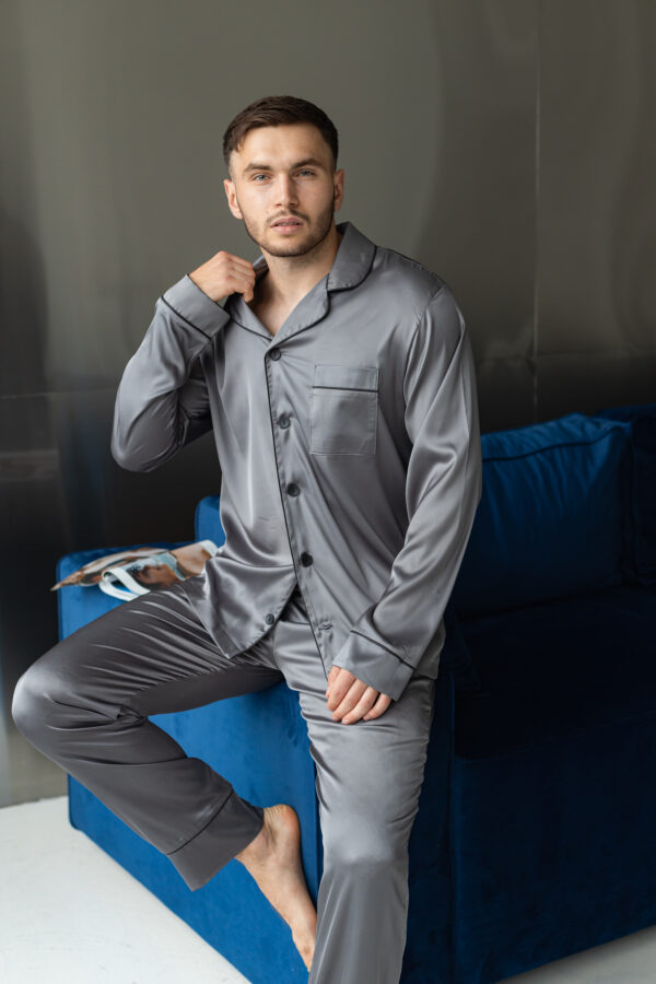 Шовкова чоловіча піжама BO.Brand графіт, сорочка і штани - Зображення 3
