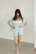 Жіноча піжама 2 в 1 BO.Brand, сорочка та шорти в зелену смужку - Зображення 4