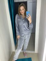 Тепла зимова велюрова жіноча піжама BO.Brand (на ґудзиках зі штанами, колір сірий) - Зображення 5
