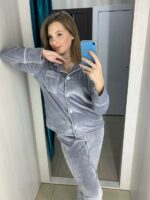 Тепла зимова велюрова жіноча піжама BO.Brand (на ґудзиках зі штанами, колір сірий) - Зображення 8