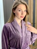 Жіноча піжама велюрова з поясом BO.Brand (в комплекті зі штанами, колір бузковий)