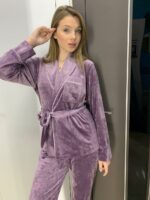 Жіноча піжама велюрова з поясом BO.Brand (в комплекті зі штанами, колір бузковий) - Зображення 2