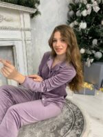 Жіноча велюрова піжама BO.Brand на ґудзиках та штани, колір синій - Зображення 10