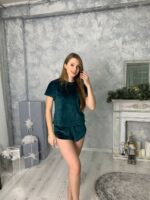 Піжама жіноча BO.Brand велюр (футболка і шорти) зелений - Зображення 5