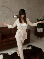 Жіноча шовкова піжама BO.Brand зеленого кольору (сорочка з поясом та штани) - Зображення 7