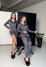 Піжама жіноча BO.Brand з шовку Армані (сорочка, штани та шорти, 3 в 1, колір графіт) - Зображення 7