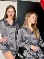 Піжама жіноча BO.Brand з шовку Армані (сорочка, штани та шорти, 3 в 1, колір графіт) - Зображення 6