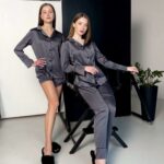 Піжама жіноча BO.Brand з шовку Армані (сорочка, штани та шорти, 3 в 1, колір графіт) - Зображення 9