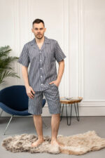 Чоловіча піжама BO.Brand, котон (сорочка на ґудзиках та шорти з кишенями, смужка графіт)
