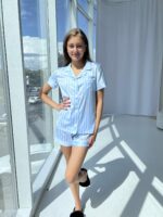 Піжама жіноча шовкова BO.Brand сорочка з шортами, блакитна смужка - Зображення 8