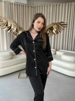 Жіноча піжама BO.Brand шовкова, сорочка та штани, колір чорний - Зображення 3