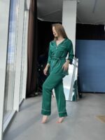 Жіноча шовкова піжама BO.Brand зеленого кольору (сорочка з поясом та штани) - Зображення 6