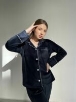 Жіноча велюрова піжама BO.Brand на ґудзиках та штани, колір синій - Зображення 14