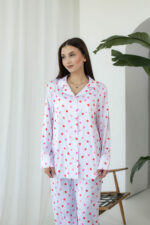 Жіноча піжама BO.Brand шовк, сорочка та штани, білий в сердечки