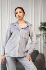 Тепла зимова велюрова жіноча піжама BO.Brand (на ґудзиках зі штанами, колір сірий) - Зображення 4