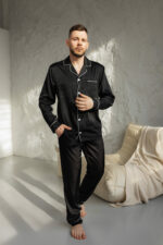 Піжама чоловіча шовкова BO.Brand чорний колір з білим