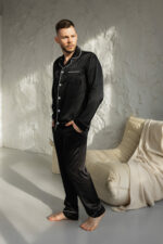 Піжама чоловіча шовкова BO.Brand чорний колір з білим - Зображення 4