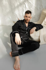 Піжама чоловіча шовкова BO.Brand чорний колір з білим - Зображення 6