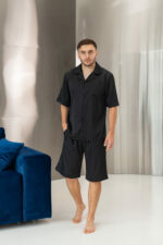Піжама чоловіча шовкова BO.Brand шорти і сорочка в чорному кольорі - Зображення 5