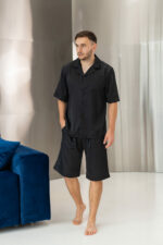 Піжама чоловіча шовкова BO.Brand шорти і сорочка в чорному кольорі - Зображення 7