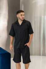 Піжама чоловіча шовкова BO.Brand шорти і сорочка в чорному кольорі - Зображення 3