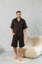 Чоловіча піжама шовкова BO.Brand шорти та сорочка, коричневий колір - Зображення 4