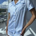 Піжама жіноча шовкова BO.Brand сорочка з шортами, блакитна смужка