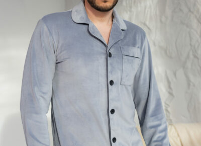 Тепла чоловіча піжама плюш велюр в сірому кольорі