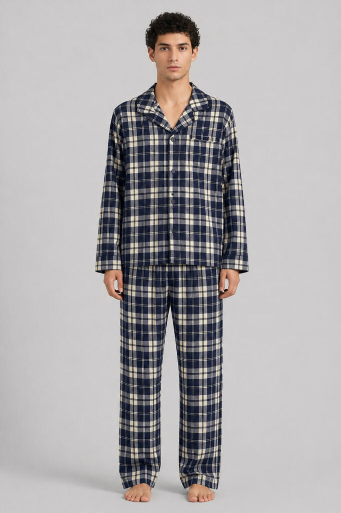 Чоловіча котонова піжама BO.Brand (синій з бежевим) — комплект у клітинку з преміальної тканини
