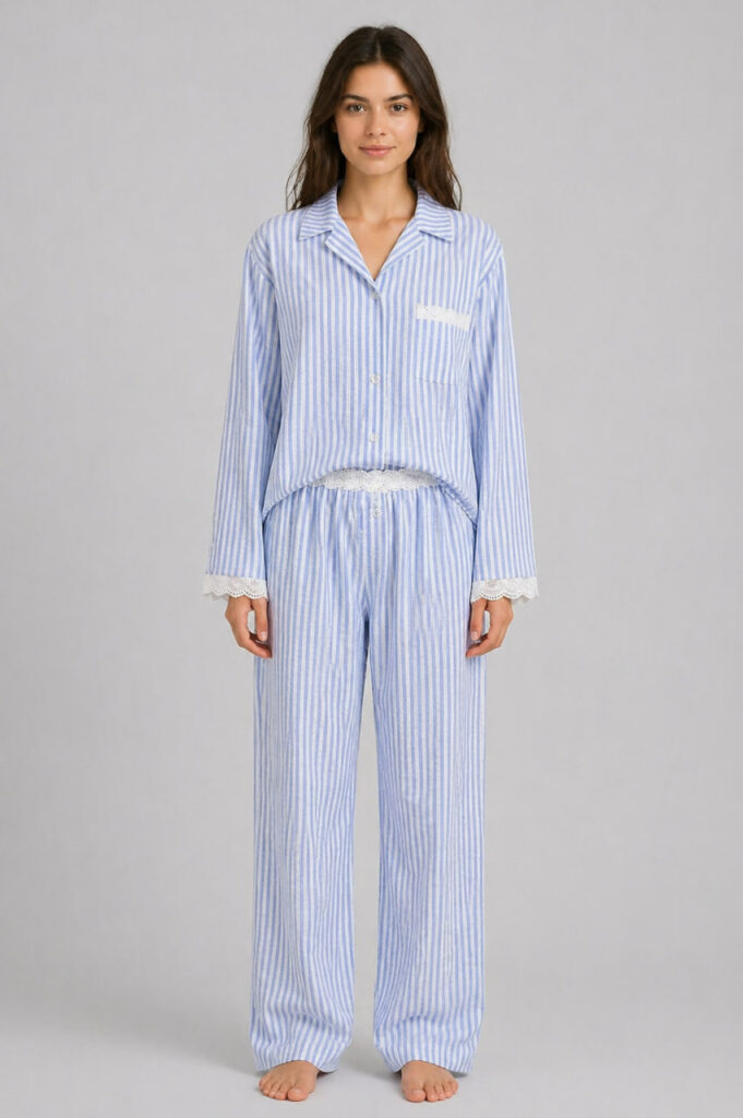 Жіночий домашній костюм з мереживом BO.Brand блакитного кольору ( сорочка і штани)