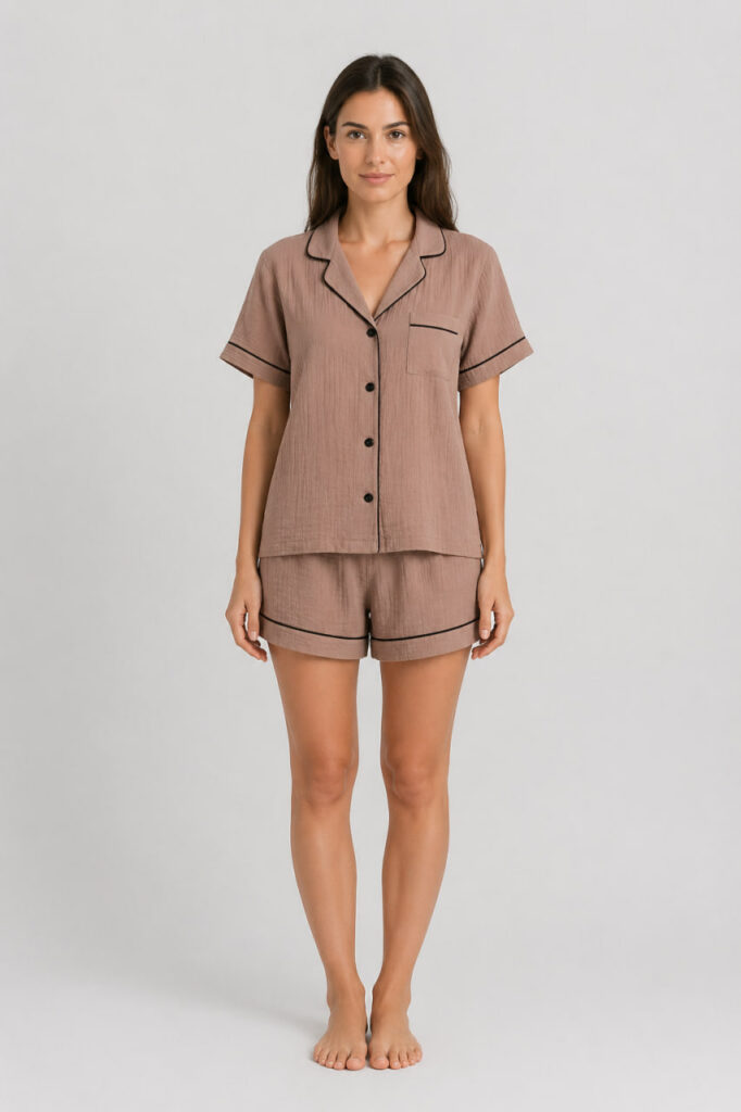 Жіноча муслінова піжама BO.Brand (капучино) шорти та сорочка