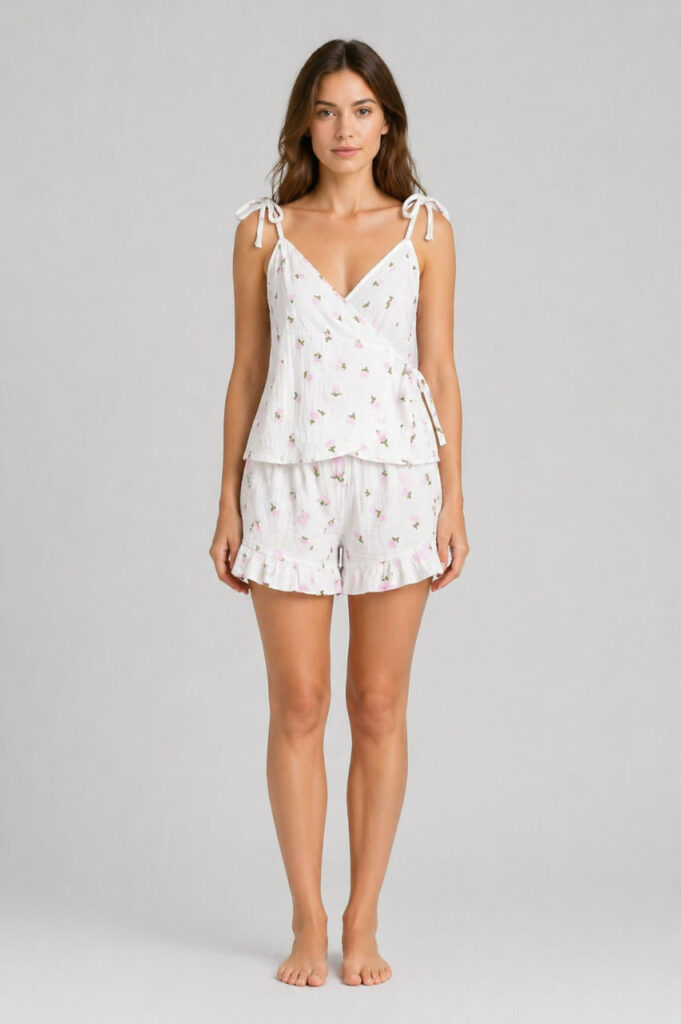 Жіноча муслінова піжама BO.Brand майка та шорти в рожеві квіти