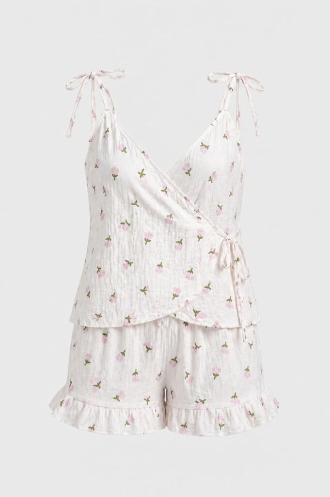 Жіноча муслінова піжама BO.Brand майка та шорти в рожеві квіти