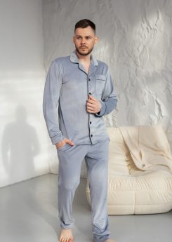 Тепла чоловіча піжама плюш велюр в сірому кольорі